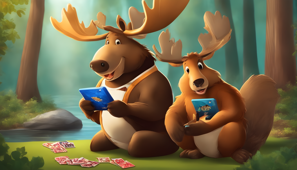 moose-and-beever-playing-cards-under-a-tree-online-casino-illustration
